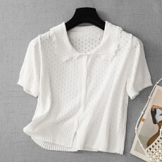 批发实拍镂空花边娃娃领针织开衫2026夏季女装新款甜美百搭短袖上衣