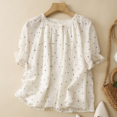 批发实拍莱赛尔亚麻波点插肩袖衬衫2026夏季女装新款减龄显瘦宽松上衣