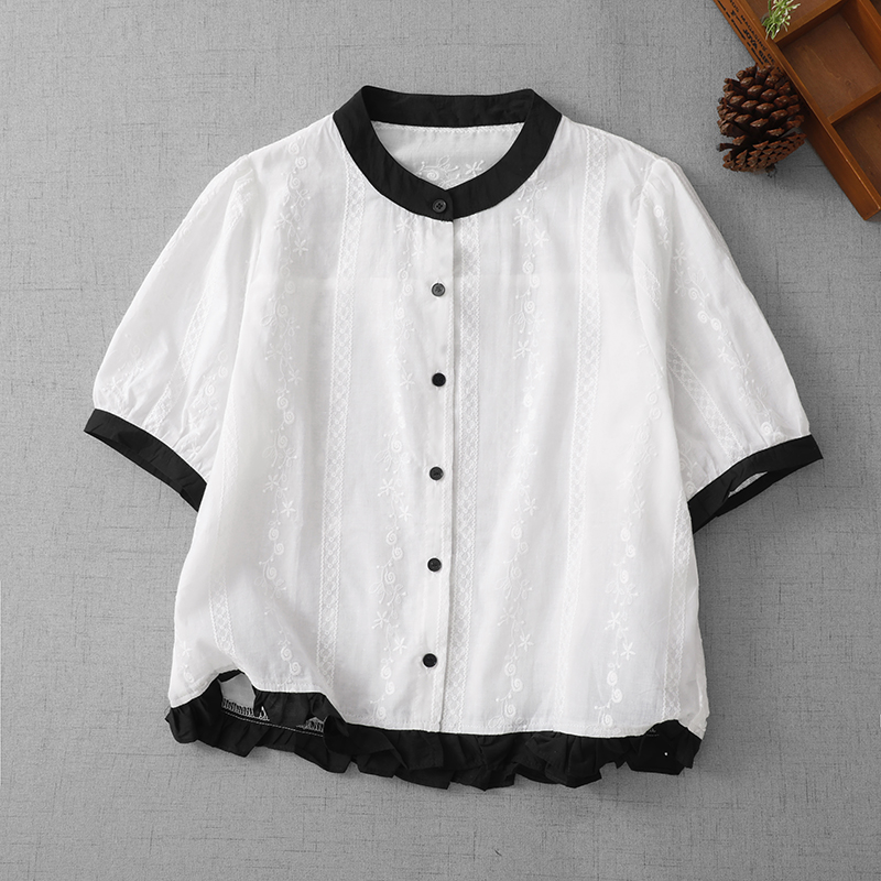 실사 2026 여름 새로운 순면 자수 캐주얼 여성 셔츠 패치워크 색상 연령 감소 라운드 넥 반팔 맨위