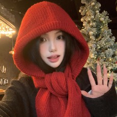 批发红色巴拉克拉法帽女<b class='q'>秋</b>冬季保暖毛线帽子围巾一体连帽围脖针织帽冬