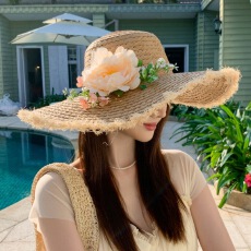 批发法式花朵大帽檐拉菲草帽女夏季海边度假防晒遮阳帽出游渔夫帽