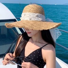 批发大沿防晒帽子蕾丝拉菲编织草帽女夏季出游防晒海边沙滩太阳遮阳帽