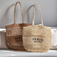 批发新款字母刺绣草编包镂空手工编织包大容量托特包度假沙滩包单肩包