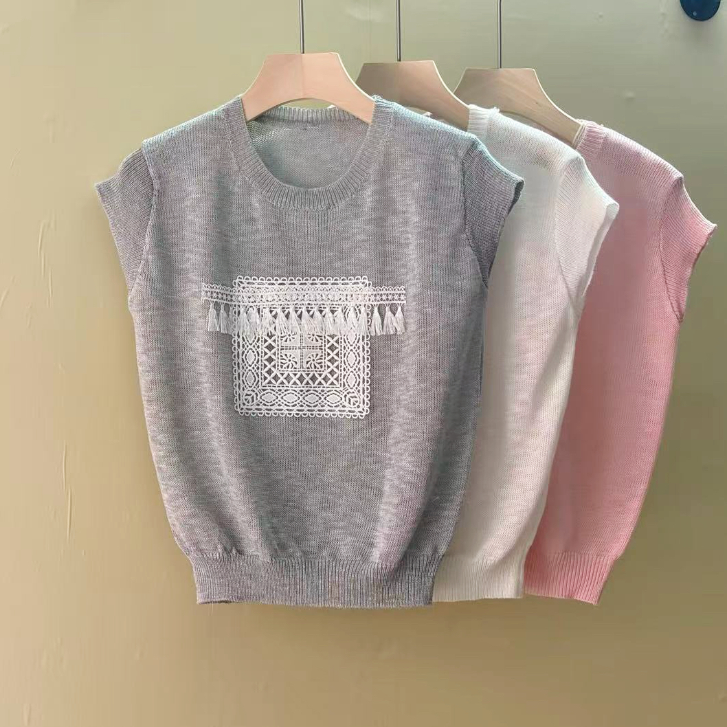 mz 작은 키 레이스 꽃 장식 항공기 소매 26 여름 신제품 아마 라운드 넥 여성 티셔츠 니트 스웨터