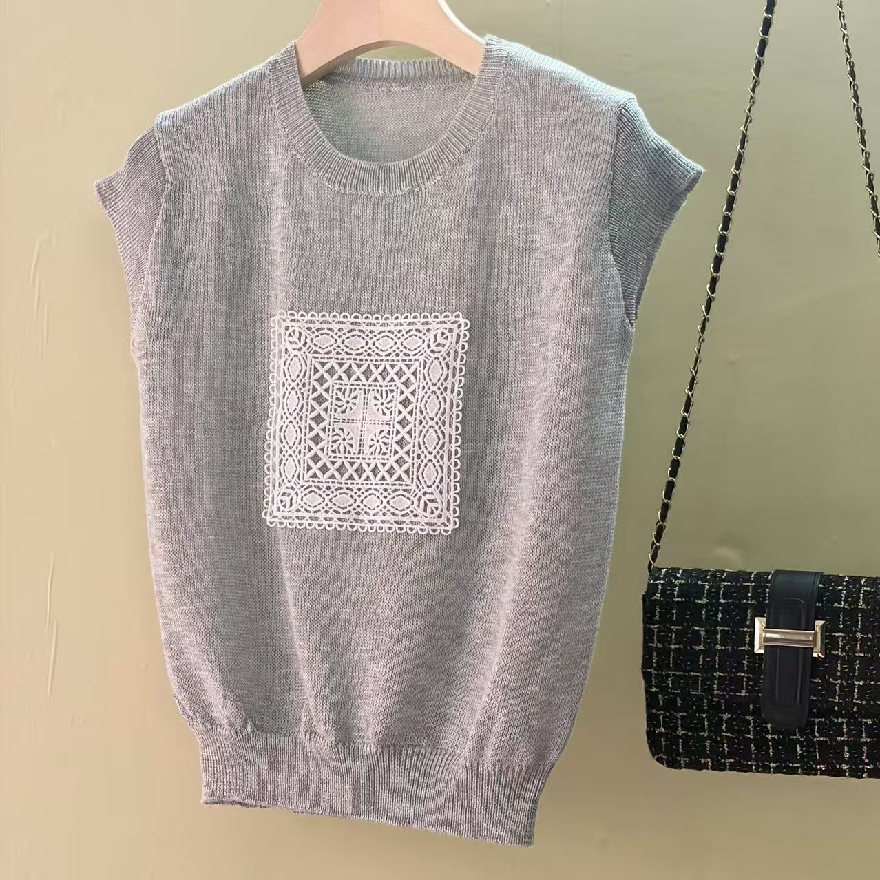 mz 작은 키 레이스 꽃 장식 항공기 소매 26 여름 신제품 아마 라운드 넥 여성 티셔츠 니트 스웨터