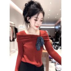 批发法式温柔风一字肩时尚毛针织衫女今年流行爆款修身显瘦打底衫上衣