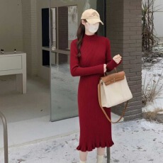 批发包芯纱2025新款长袖针织<b class='q'>连衣</b>裙女半高领修身内搭打底毛衣<b class='q'>长裙</b>