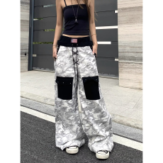批发美式撞色双腰头多口袋设计感<b class='q'>迷彩</b>牛仔<b class='q'>裤</b>女街头痞帅阔腿拖地长<b class='q'>裤</b>子