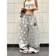 星星满印松紧腰刺绣男女宽松休闲慵懒感阔腿长裤