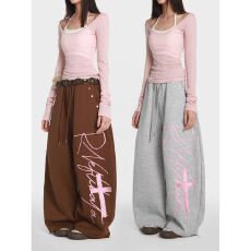 批发【原版铆钉刺绣】字母十字架刺绣运动女垂感显瘦阔腿弯刀<b class='q'>休闲裤</b>子