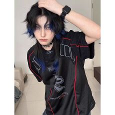 批发美式复古球衣风<b class='q'>t</b><b class='q'>恤</b>男夏季网眼速干透气机车风半袖骑行机车服短袖