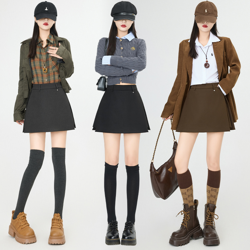 灰色毛呢裙裤女秋冬新款开叉包臀辣妹a字半身短裙小个子高腰显瘦