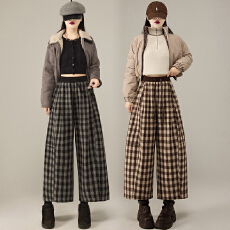 格子阔腿八分裤女2025新款加绒加厚垂感宽松弯刀显瘦奶奶裤小个子