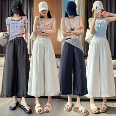 批发实拍木耳花边裤脚七八分裤女2026春<b class='q'>夏</b>新款阔腿洗水休闲裤网纱屁帘