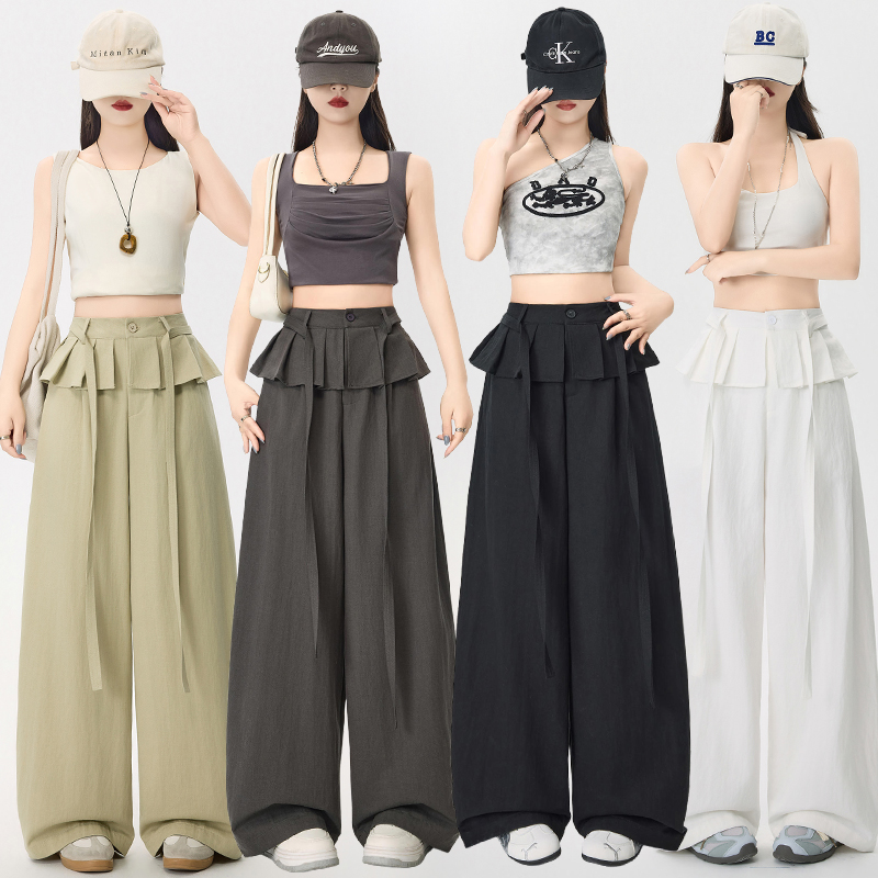 RY3756# 实拍假两件拼接阔腿裤女2026春夏新款设计感气质百搭棉麻休闲长裤