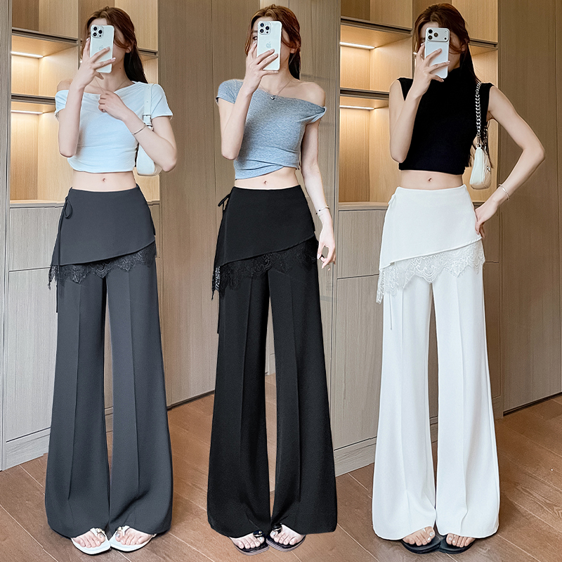 RY3757# 实拍假两件蕾丝拼接屁帘西裤女夏季新款清凉透气阔腿休闲裤垂感