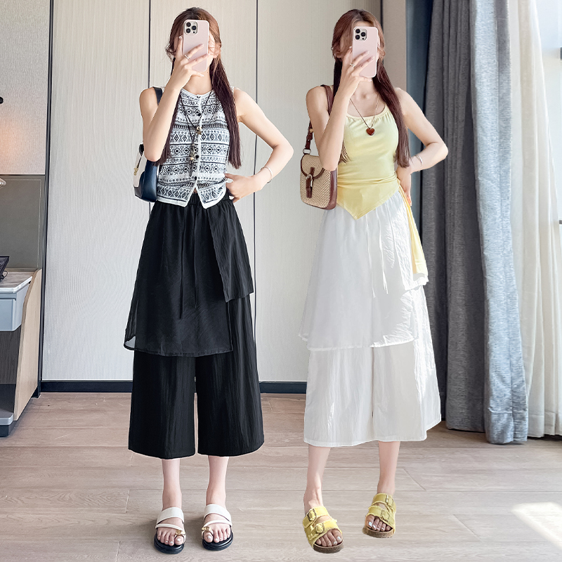 RY3754# 实拍网纱拼接假两件屁帘七八分裤2026夏季新款慵懒风速干休闲裤