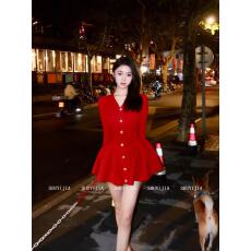 批发SYJ/舒衣家 微胖mm复古红色v领针织连衣裙女秋季气质收腰蓬蓬短裙