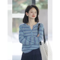 批发蓝色渐变条纹冰丝防晒长袖t恤女<b class='q'>夏</b>季外搭薄纱小个子宽松罩衫上衣