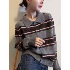 批发欧洲站2025秋冬时尚娃娃领排扣氛围感菱格钩花条纹针织<b class='q'>开衫</b><b class='q'>毛衣</b>潮