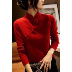 批发时尚高级感2025年新款冬季女装法式设计复古中国风立领针织打底衫