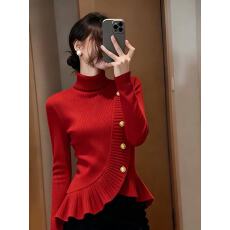 红色荷叶边高领毛衣女2025秋冬新款小众设计感气质掐腰针织衫上衣