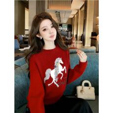 批发韩系氛围感小马图案软糯套头毛衣女2025秋<b class='q'>冬</b>新款圣诞红色针织上衣