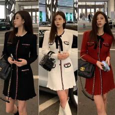 批发赵丽颖蝴蝶结小香风针织<b class='q'>连衣裙</b>毛衣裙女酒红色领证订婚宴会礼服裙