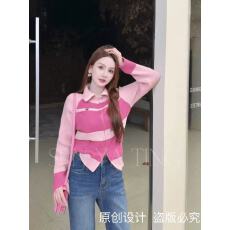 批发撞色设计翻领针织外套今年流行的爆款女装新款毛衣巨好看长袖上衣