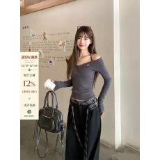 批发宋正恩灰色露肩挂脖打底衫女春季内搭可外穿修身针织衫长袖小上衣