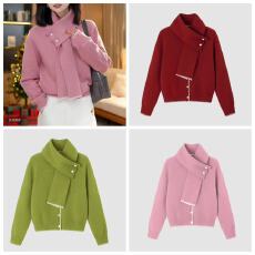 批发江洲JIANGZ 秋冬圣诞新年红撞色针织开衫搭配围巾设计感红色<b class='q'>毛衣</b>