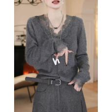 批发灰色v领蕾丝拼接长袖针织衫女2026年春季新款<b class='q'>修身</b>显瘦打底衫上衣