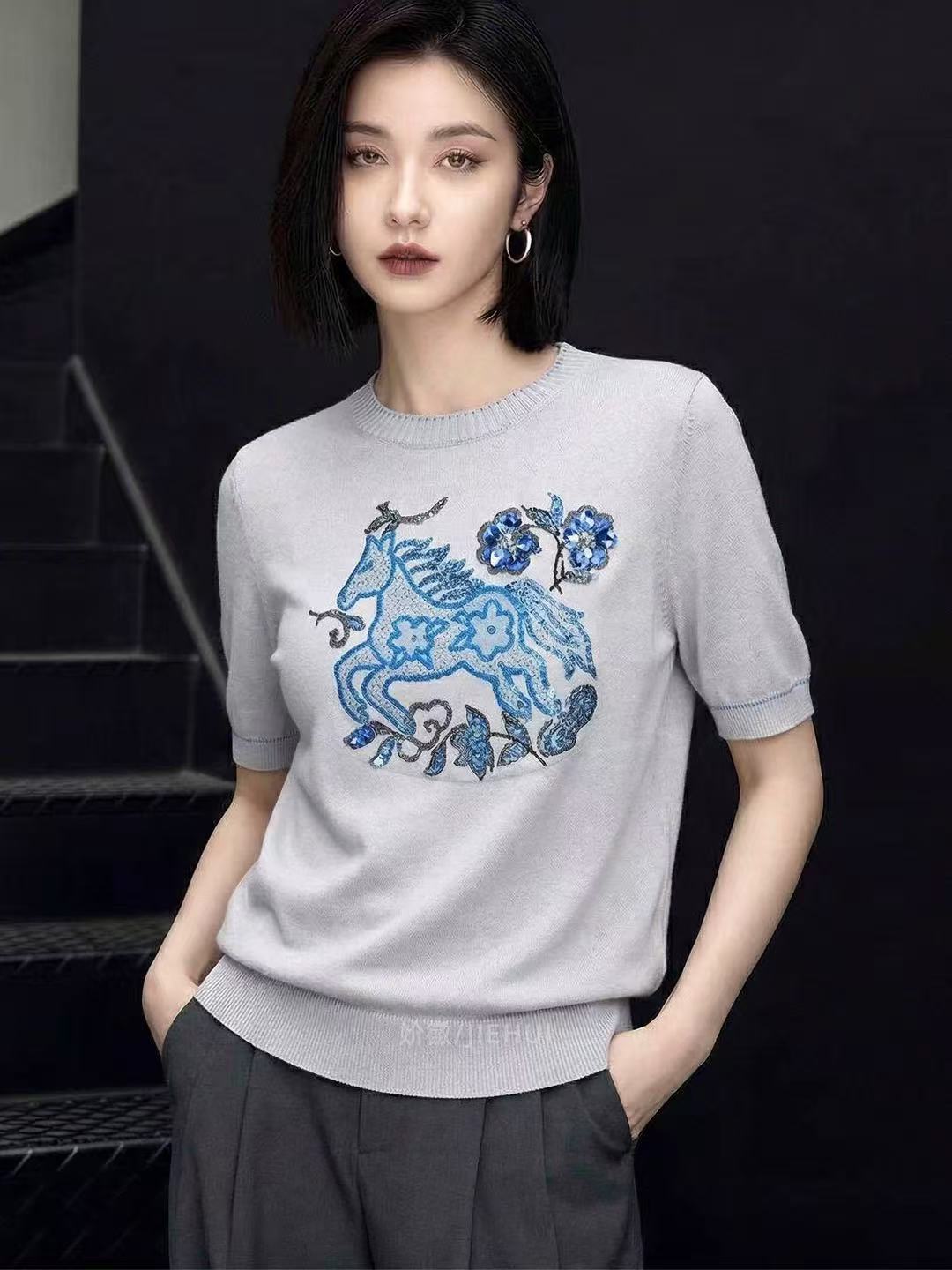 RY705# 2026夏季新款韩版动物印花短袖针织衫女灰色套头上衣时尚气质潮流