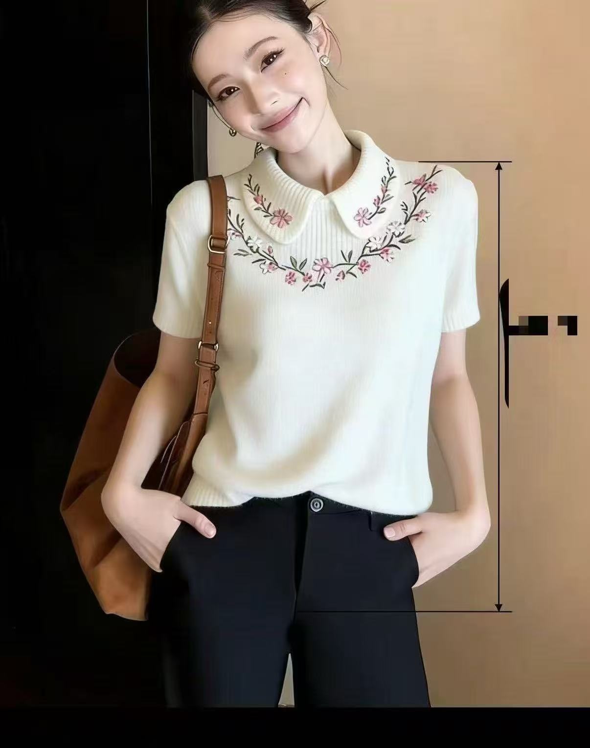 RY704# 慵懒风白色花朵刺绣针织衫女2026春季新款设计感小众宽松翻领毛衣