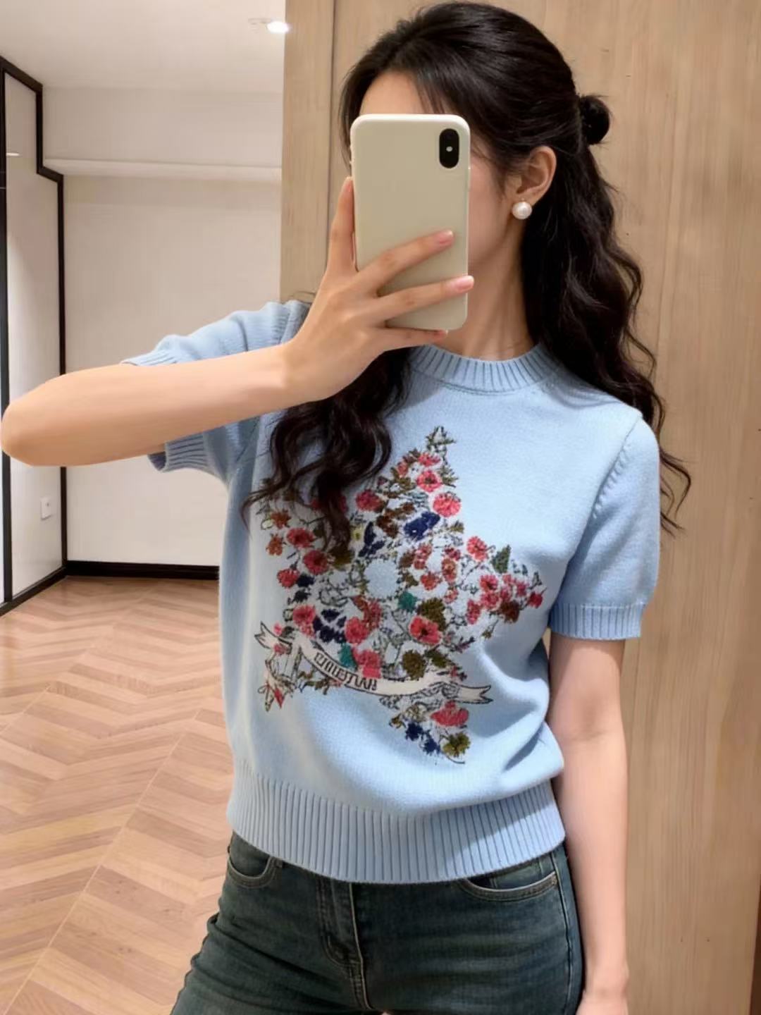 RY702# 2026新款慵懒高级感休闲花朵印花宽松圆领短袖T恤针织衫女