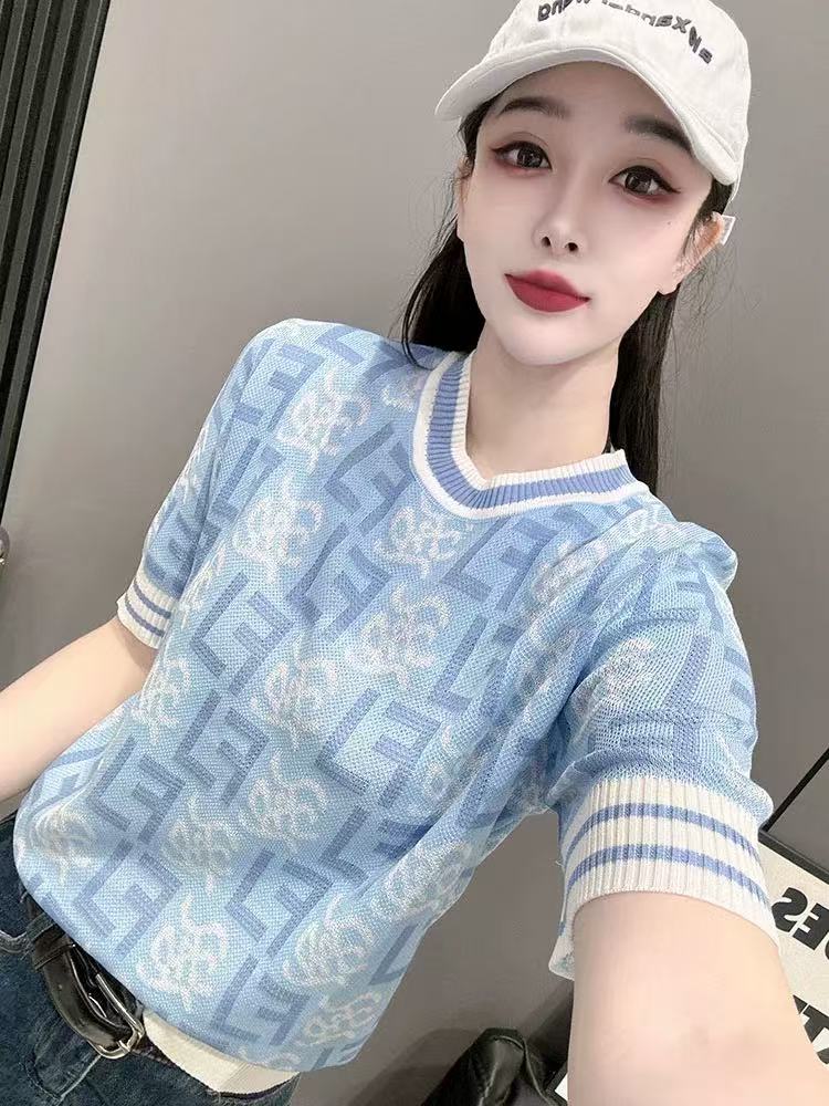 RY700# 2026夏季新款高级圆领短袖t恤女宽松冰丝针织打底衫正肩别致...