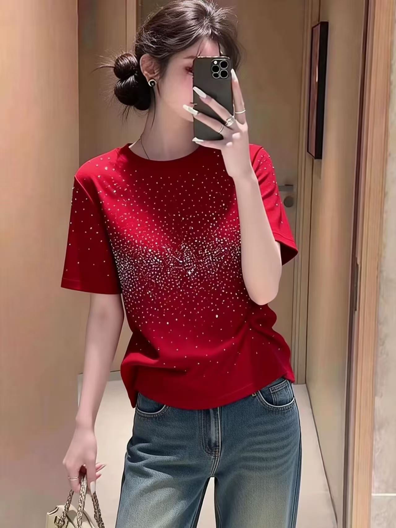 RY699# 2026春季新款时尚简约烫钻满天星短袖T恤女宽松显瘦百搭圆领...