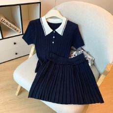 批发自留款推荐~学院风POLO领短袖针织衫女早<b class='q'>秋</b>新款高腰百褶裙两件套