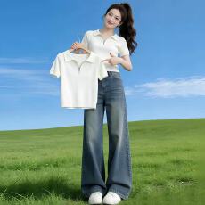 批发韩系正肩Polo领半拉链短袖T恤女夏季<b class='q'>大码</b>胖mm显瘦短款设计感上衣