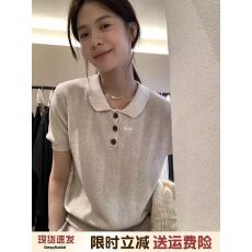 批发复古polo领短袖t恤针织衫女夏季韩系高级感宽松休闲百搭翻领上衣