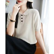 批发正肩翻领POLO衫针织衫短袖T恤女夏季2025新简约通勤时尚麻花上衣