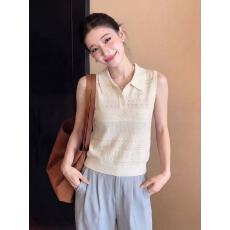 批发韩系钩花镂空翻领冰丝针织背心女夏季外穿设计感气质显瘦无袖上衣