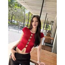 批发titi小姐姐【反叛甜心】短袖针织衫女<b class='q'>春</b>红色镂空短款辣妹打底上衣