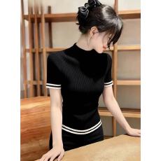 批发小众不撞款黑色条纹半高领短袖针织衫女夏季新款简约别致百搭上衣