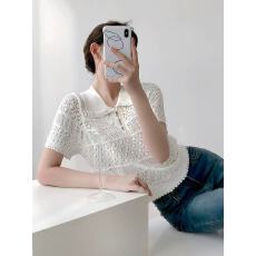 批发白色镂空冰丝针织短袖女夏季薄款法式独特绝美娃娃领短款甜辣上衣
