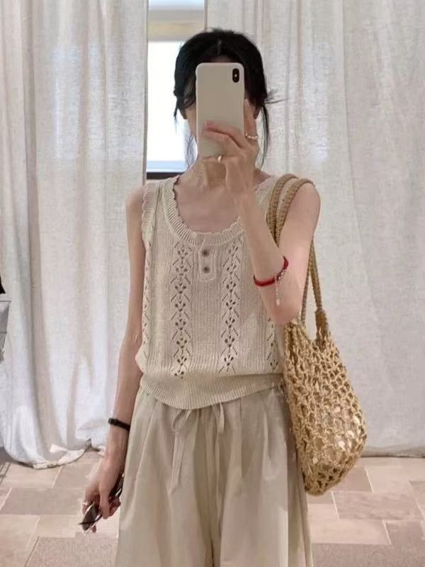 한 부서 오래된 돈 마 색상 레트로 홀로우 아웃 민소매 조끼 여성 2026 새로운 여름 레이스 몸매 가꾸기 슬림해 보이는 통기성 맨위