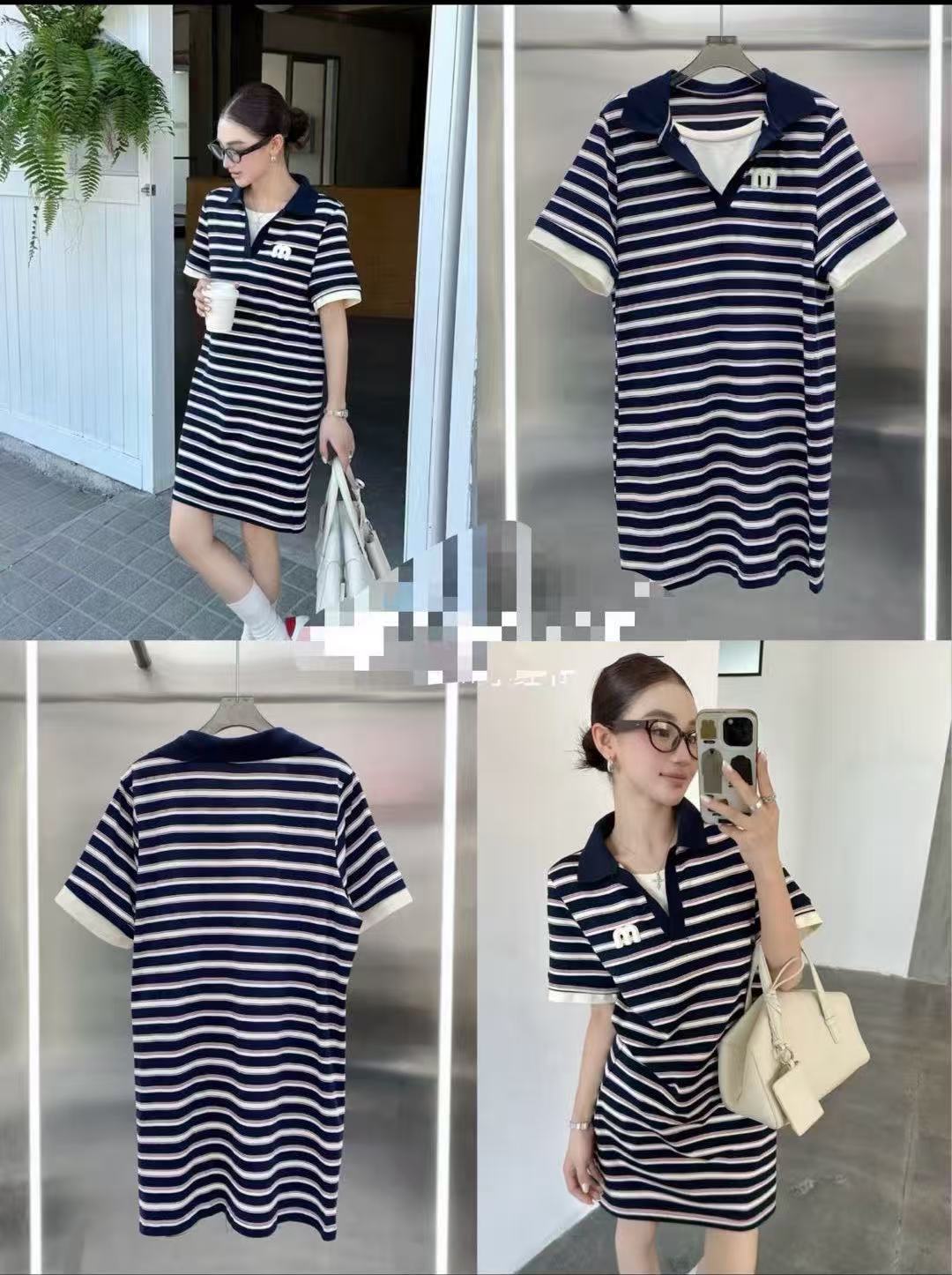 기념일 로고 맞춤 남쪽 기름 높은 품질 스트라이프 POLO 칼라 드레스 스트레이트 루즈핏 슬림해 보이는 캐주얼 느긋한 바람 미니 스커트