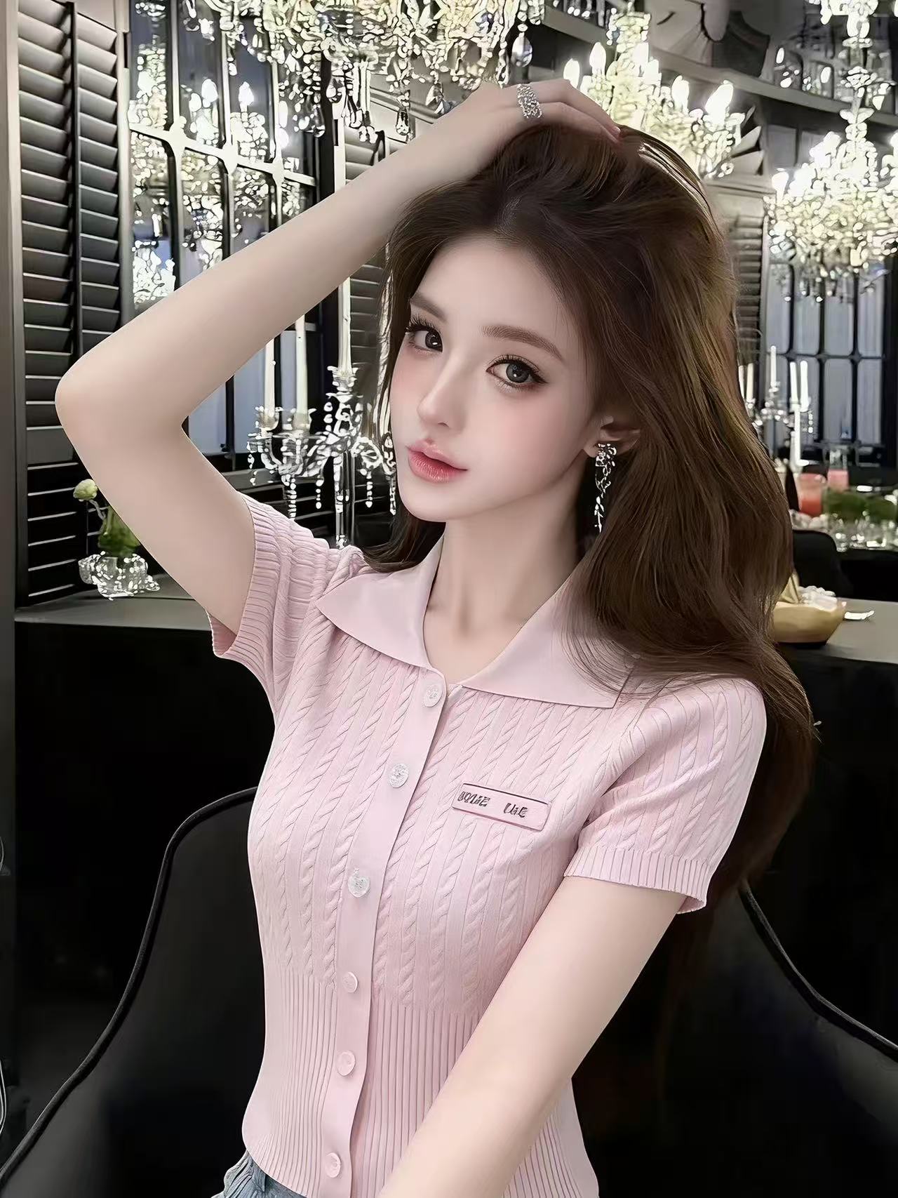 lym studio 작은 샤넬 스타일 반팔 니트 오픈 가디건 여성 폴로 칼라 단추 몸매 가꾸기 슬림해 보이는 디자인 센스 맨위 트렌디