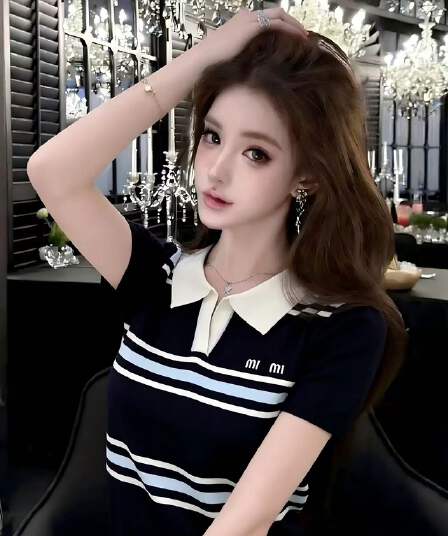 배색 스트라이프 POLO 칼라 니트 스웨터 여성용 짧은 소매 여름 새로운 한 부서 고급 센스 슬림해 보이는 다용도 캐주얼 맨위