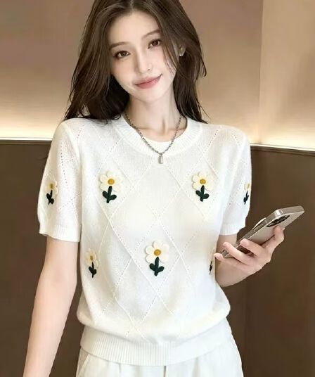 뮤 토끼 한 부서 얇은 스타일 3 차원 꽃 니트 스웨터 여성 2026 여름 새로운 캐주얼 루즈핏 반팔 티셔츠 맨위